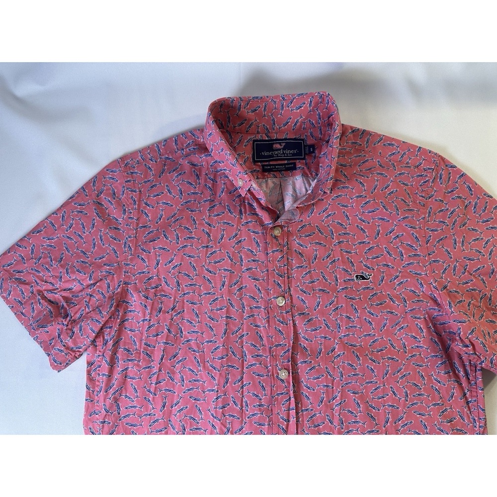 Vineyard Vines Shirt Slim Fit Whale Mens Size Small SS Button Down Salmon Print